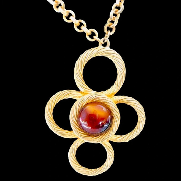 Vintage Accessocraft Brown Cabochon Gold Tone Station Necklace - Picture 2 of 5